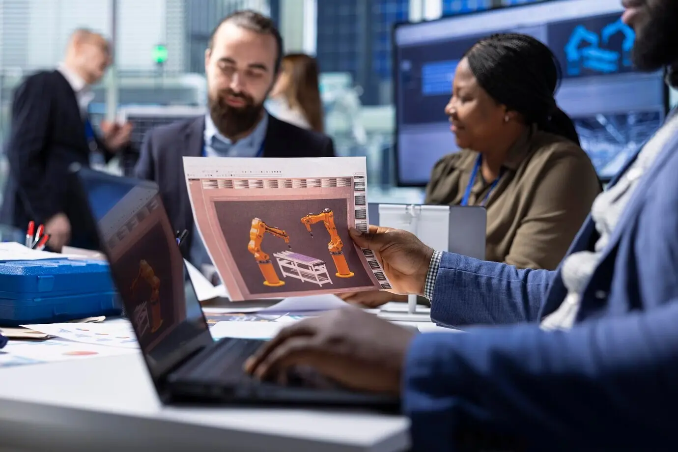 Менеджеры завода изучают схемы, планируя модернизацию предприятия с помощью ноутбука.